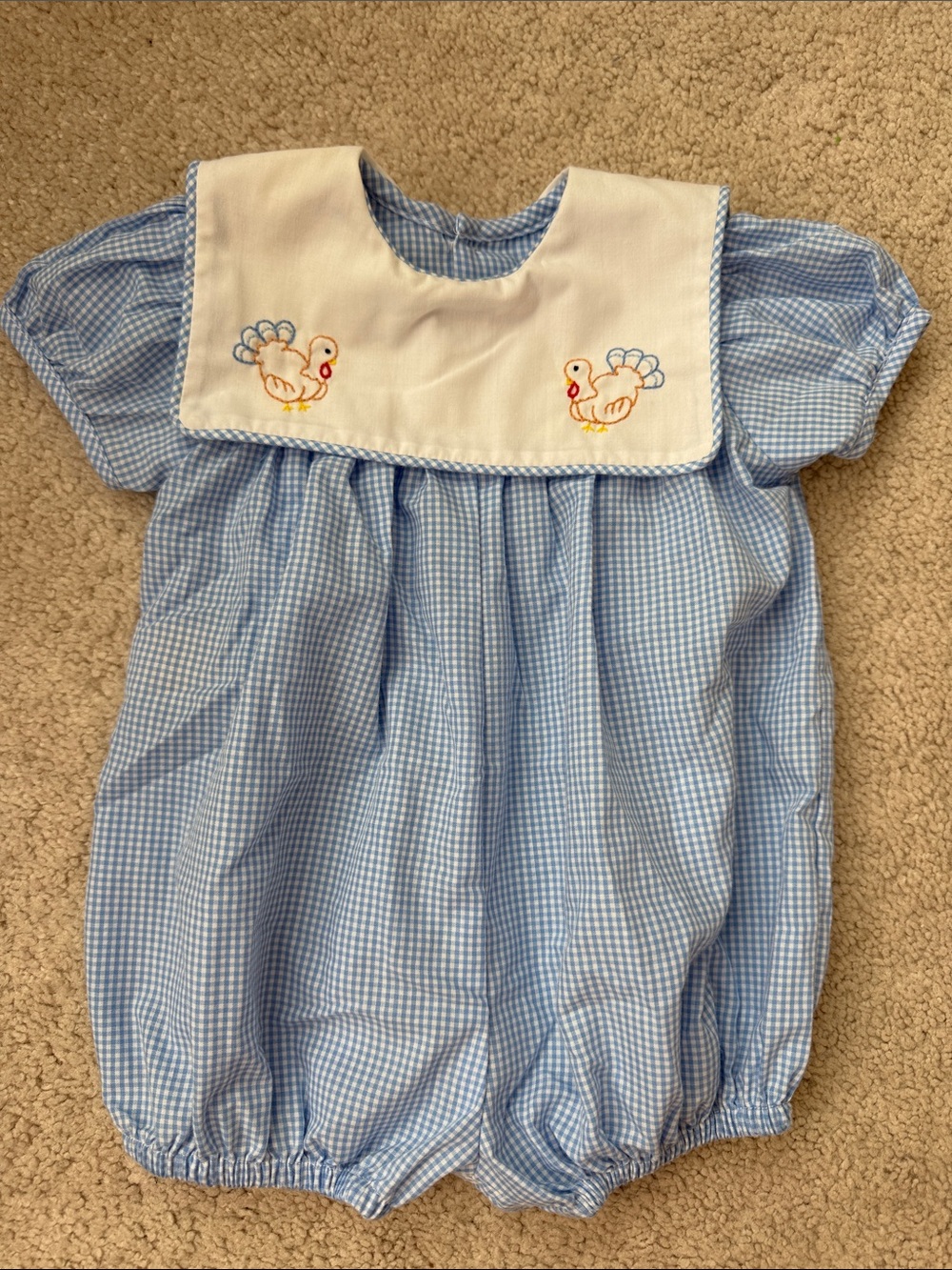 Blue Gingham Bubble with Embroidered Turkey Bib